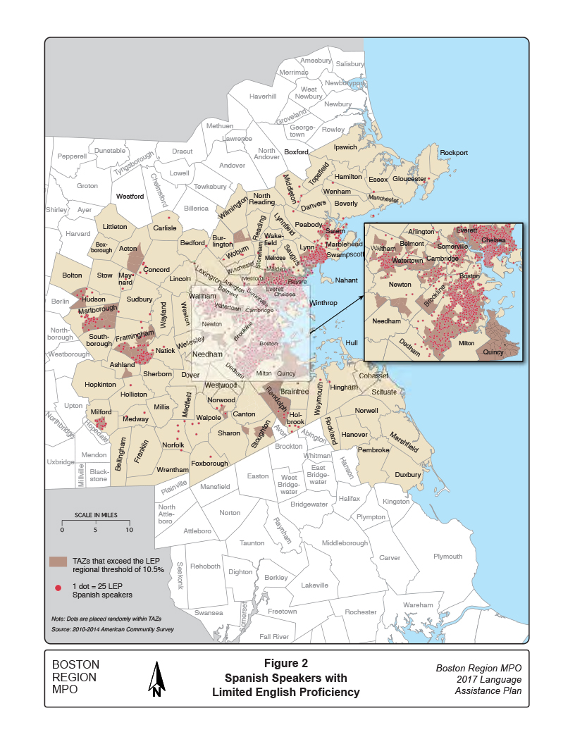 Figure 2. Spanish Speakers with Limited English Proficiency
This map shows the distribution of Spanish speakers with limited English proficiency in the Boston Region MPO area.
